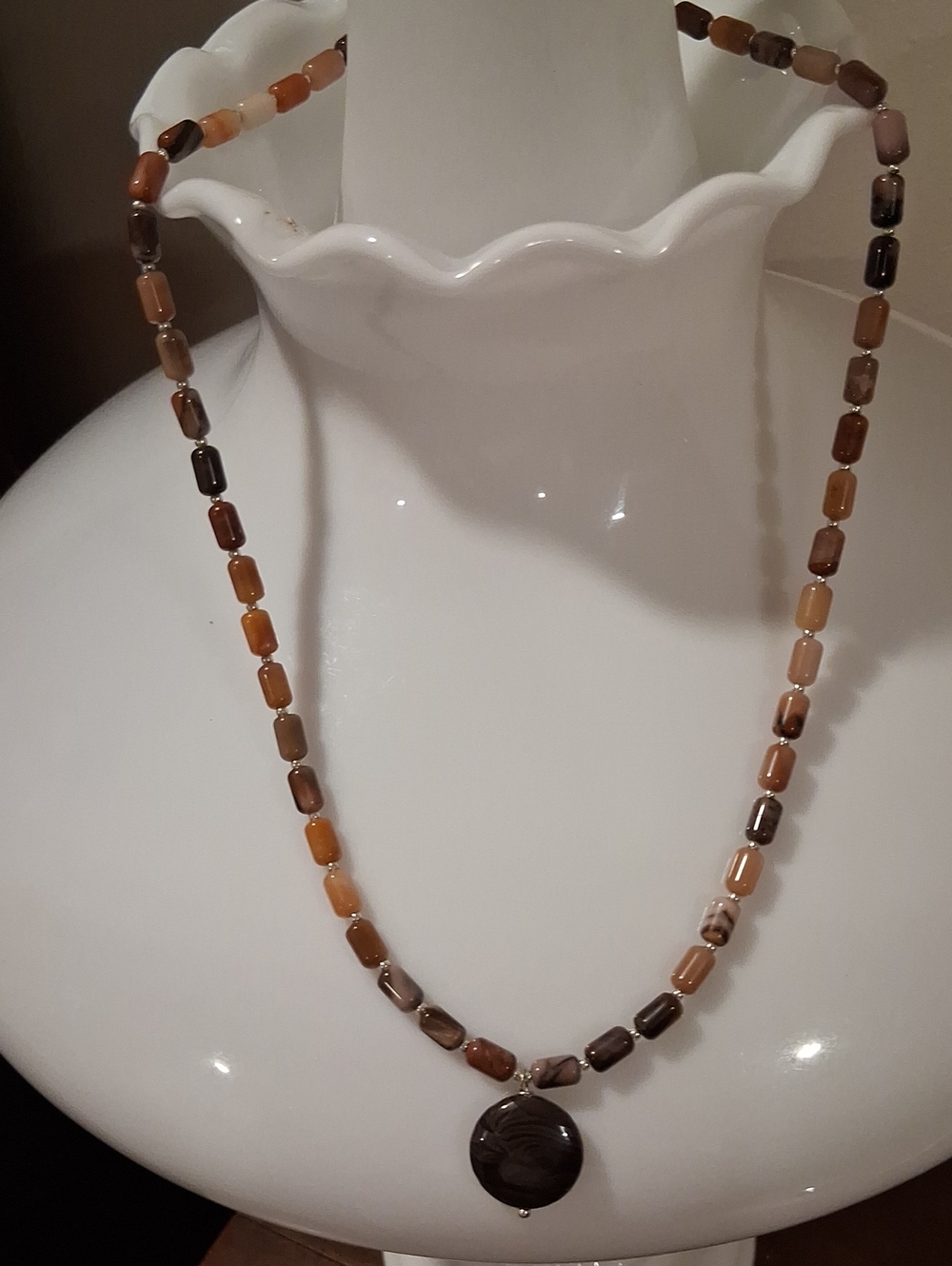 Beige and Brown Agate Bead Necklace with Round Pendant Sterling Silver Clasp